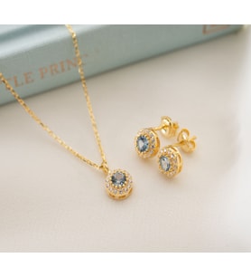 925 Ayar Gümüş Mart Ayı Doğum Taşı ( Aquamarine ) Kolye - Küpe Seti