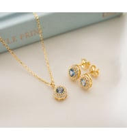 925 Ayar Gümüş Mart Ayı Doğum Taşı ( Aquamarine ) Kolye - Küpe Seti