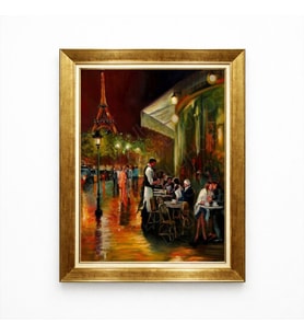 Tablore Altın Çerçeveli Paris Eyfel Kulesi Ve Kafe Temalı Yağlı Boya Tablo