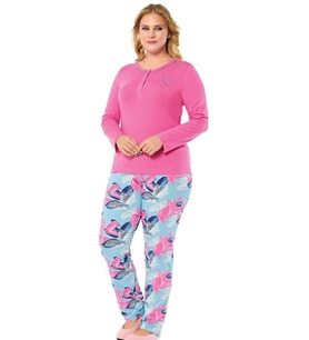 Alperi 79-34 Kadın Büyük Beden Uzun Kol Pijama Takımı (Pembe)