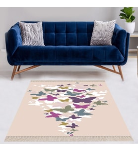 Kelebek Desenli Dijital Baskılı Kaymaz Taban Yıkanabilir Modern Salon Halısı ve Yolluk (Pembe)