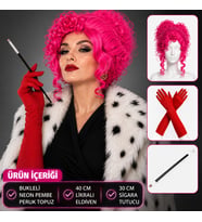 Neon Bukleli Pembe Peruk Uzun Kumaş Kırmızı Eldiven ve Sigara Tutucu Seti (3 Parça)