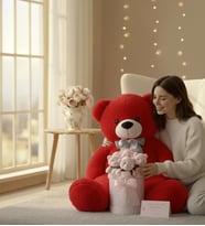Premium 90 cm Peluş Ayı ve Silindir Pembe Kalpli Kutuda, Kalpli Balonlu 6’lı Pembe Ayıcık Buketi (Kırmızı)