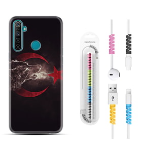 Realme 5i 5 Pro 6i 7 Pro 8 Kılıf Kablo Koruma Spiral Silikon Kurt ve Ay Yıldız 1403