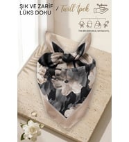 Siyah Bej Sanatsal Fırça Desenli - Twill İpek Dokulu - Çok Amaçlı Kare Bandana Fular 50x50