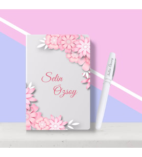 BK Gift Kişiye Özel Çiçek Desenli Beyaz Defter Kalem Seti-4