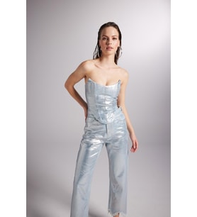 Parlak Kaplamalı Glossy Jean Büstiyer Mavi