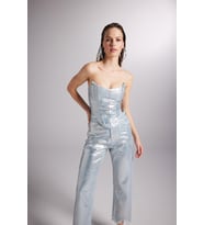 Parlak Kaplamalı Glossy Jean Büstiyer Mavi