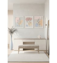 Pastel Tonlarda Botanik ve Soyut Çizimler 3’lü Ahşap Çerçeveli Tablo Seti