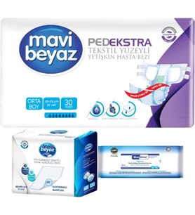 Mavi Beyaz Ped Ekstra Tekstil Yüzeyli Yetişkin Bel Bantlı Hasta Bezi M 30 Adet+ Yatak Korucu + Havlu