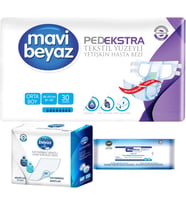 Mavi Beyaz Ped Ekstra Tekstil Yüzeyli Yetişkin Bel Bantlı Hasta Bezi M 30 Adet+ Yatak Korucu + Havlu