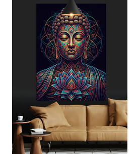 Meditasyon, Buda Mor Işık ve Lotus Dekoratif Kanvas - Mdf Ahşap Tablo