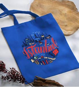 BK Gift İstanbul Tasarımlı Mavi Kumaş Bez Çanta, Baskılı Omuz Çantası, Alışveriş Çantası, Arkadaşa Hediye-1