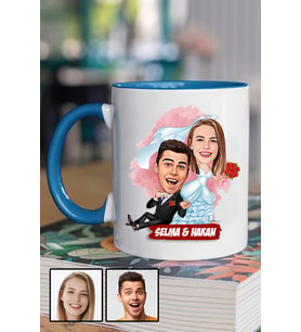 Eşe İlginç Hediye Evlilik Temalı Karikatürlü Mavi Kupa Bardak
