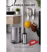 4 Parça Banyo Aksesuar Seti Yapışkanlı Duvar Rafı 5 LT Çöp Kovası Tuvalet Fırça Krom Titan 7104