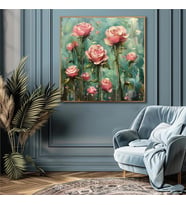 Yağlı Boya Dokulu Tablo Modern Pembe Güller Altın Çerçeveli U02058