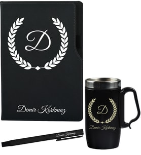 Sevgiliye Kişiye Özel Hediye Siyah Defter Termos - Mug ve Roller Kalem Hediye Seti