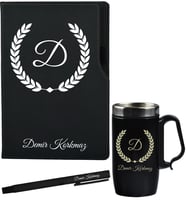 Sevgiliye Kişiye Özel Hediye Siyah Defter Termos - Mug ve Roller Kalem Hediye Seti