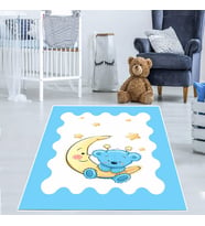 Ay Dede ve Sevimli Ayı Desen Dijital Baskı Yıkanabilir Kaymaz Taban Mavi Çocuk ve Bebek Odası Halısı