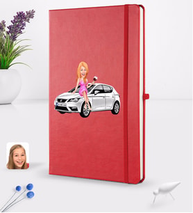 BK Gift Kişiye Özel Plakalı Kadın Seat Leon Karikatürlü Kırmızı Termo Deri Defter 16x24cm Model 2
