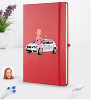 BK Gift Kişiye Özel Plakalı Kadın Seat Leon Karikatürlü Kırmızı Termo Deri Defter 16x24cm Model 2