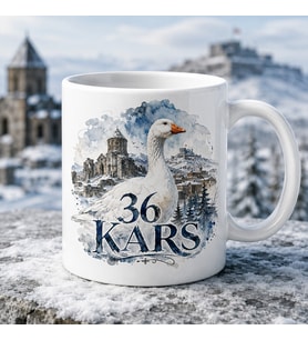 Kars Temalı Memleket Kupası – 36 Kars Kazı Karlı Tarihi Yapılar ve Şehir Manzarası Suluboya Baskılı Seramik Kupa