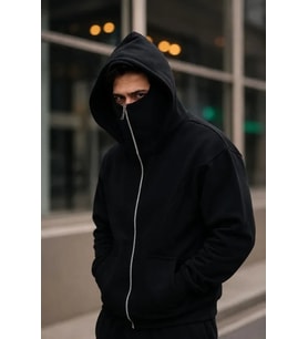 Erkek Maskeli Ninja Model Çift Kapüşonlu 3 İplik Şardonlu Fermuarlı Sweatshirt - Siyah