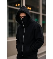 Erkek Maskeli Ninja Model Çift Kapüşonlu 3 İplik Şardonlu Fermuarlı Sweatshirt - Siyah