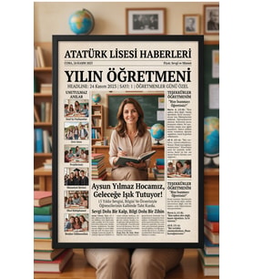 Kişiye Özel Yılın Öğretmeni Gazete Tasarımlı Çerçeve Poster Öğretmenler Günü Anı ve Teşekkür Hediyesi