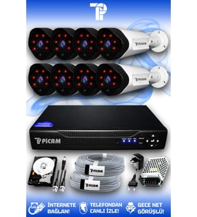 PICAM 8 Kameralı Uzay 8 Dış Kamera Set 2 TB HDD Full HD Gece Görüşlü Güvenlik Kamerası Sistemi