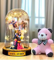 Kişiye Özel Led Işıklı Biblolu Fanus ve Pembe Peluş Ayıcıklı Anahtarlık (Model 8)