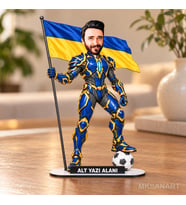 Kişiye Özel Sarı Lacivert Erkek Süper Karikatürlü 18 cm MDF Masaüstü Biblo - Futbol Temalı Hediye Futbol Severlere ve Spor Tutkunlarına Hediye