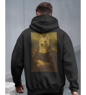 Mona Lisa Köpek Tasarımlı Siyah Unisex Kapüşonlu Sweatshirt – Sanatsal & Retro Hoodie
