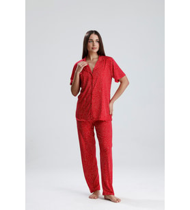 Kadın Düğmeli Puantiye Desen Kısa Kollu Pijama Takım  Kırmızı