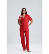 Kadın Düğmeli Puantiye Desen Kısa Kollu Pijama Takım  Kırmızı