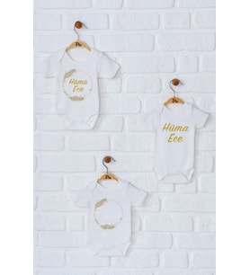 Pia Baby Premium %100 Pamuk İsme Özel Organik Baskılı Üçlü Set Çıtçıtlı Bebek Body Zıbın Modelleri 5064-18 (Ekru)