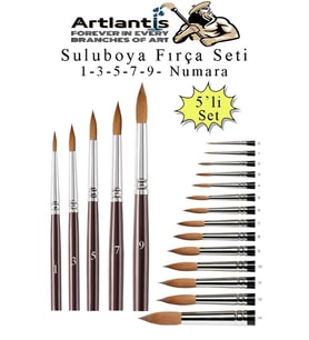 Resim Fırçası 1 - 3 - 5 - 7 - 9 Numara 1 Paket 5 li Samur Yuvarlak Uçlu Fırça Seti Guaj Sulu Akrilik Yağlı Boya Fırçaları (Naturel)