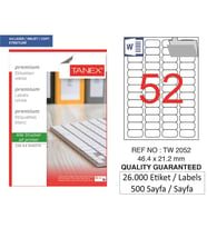 Tanex Lazer Etiket tw-2052 500 A4 Sayfa Laser Etiket 46 X 21 mm Boyutunda 1 A4 Sayfada 52 Etiket