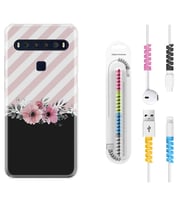 TCL 10L 10 Plus 10SE 20E 20SE 30SE L7 Kılıf Kablo Koruma Spiral Silikon Strip Pink Flowers 1396