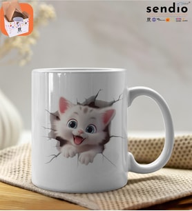 3D Kabartmalı Sevimli Kedi Baskılı Premium Porselen Kupa - GDTK-901035 (Beyaz)
