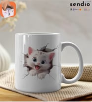 3D Kabartmalı Sevimli Kedi Baskılı Premium Porselen Kupa - GDTK-901035 (Beyaz)