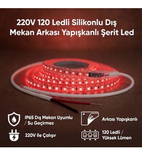 220V 120 LED Dış Mekan Şerit LED Kırmızı Işık Arkası Yapışkanlı Suya Dayanıklı Dekoratif Aydınlatma