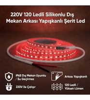 220V 120 LED Dış Mekan Şerit LED Kırmızı Işık Arkası Yapışkanlı Suya Dayanıklı Dekoratif Aydınlatma