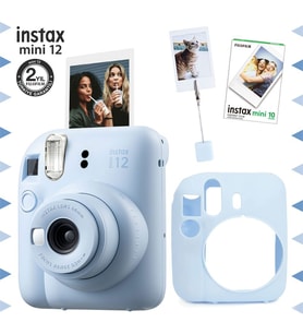 Instax mini 12 Mavi Fotoğraf Makinesi-10'lu Film-Kıskaçlı Resim Standı ve Silikon Kılıf Seti