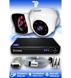 PICAM 2 Kameralı Kare 1 İç Kamera Set HDD'siz Full HD Gece Görüşlü Güvenlik Kamerası Sistemi