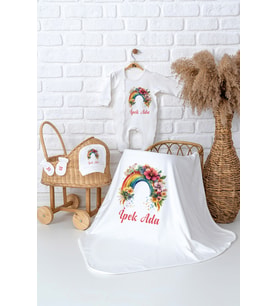Pia Baby Premium  %100 Pamuk İsme Özel Kız Bebek Battaniye Tulum Hastane Çıkışı Hediye Seti 5066-05 (Ekru)