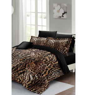 Lastikli Çarşaflı %100 Pamuk Saten Çift Kişilik Nevresim Takımı Zebra Brown