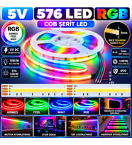 5 Metre 5V 576 Led 5mm RGB Cob Şerit Led