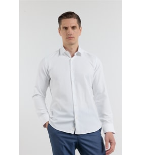 Beyaz Kendinden Desenli Sert Yaka Uzun Kol Cepsiz Slim Fit Pamuklu Gömlek 1004255283
