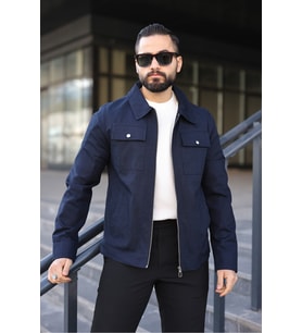 Cep Kapaklı Basic Keten Ceket (Lacivert)